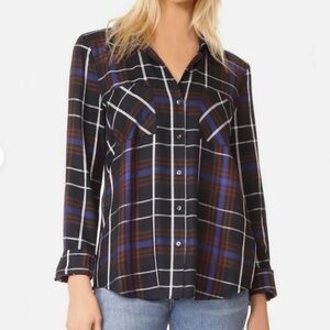L'AGENCE XS Denise Contrast‎ Back Rayon Silk Flannel Long Sleeve Button Up Shirt